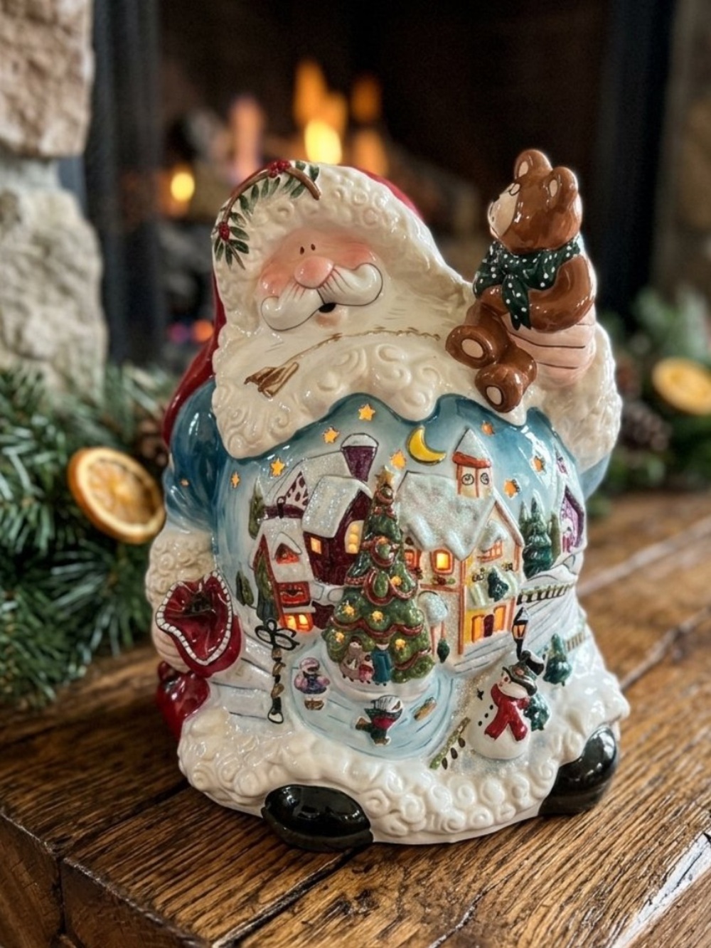 Holiday Santa Ceramic Luminary with Bear - Multicolor